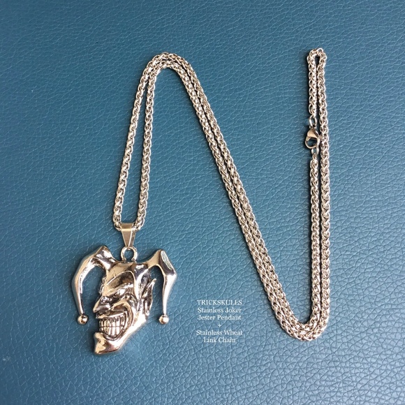 Joker Jester Smiling Clown Stainless Steel Pendant + Custom Wheat Link Chain - Picture 3 of 9